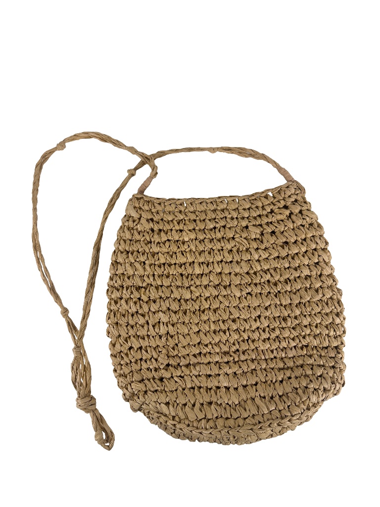 Crochet Raffia Round Tote Bag Natural Tan Crossbody Strap Braided Handle Boho
